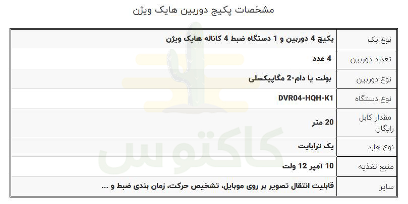 مشخصات پکیج دوربین مداربسته هایک ویژن