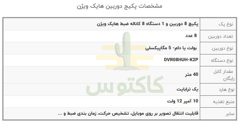 پکیج 8 دوربین 5 مگاپیکسلی هایک ویژن