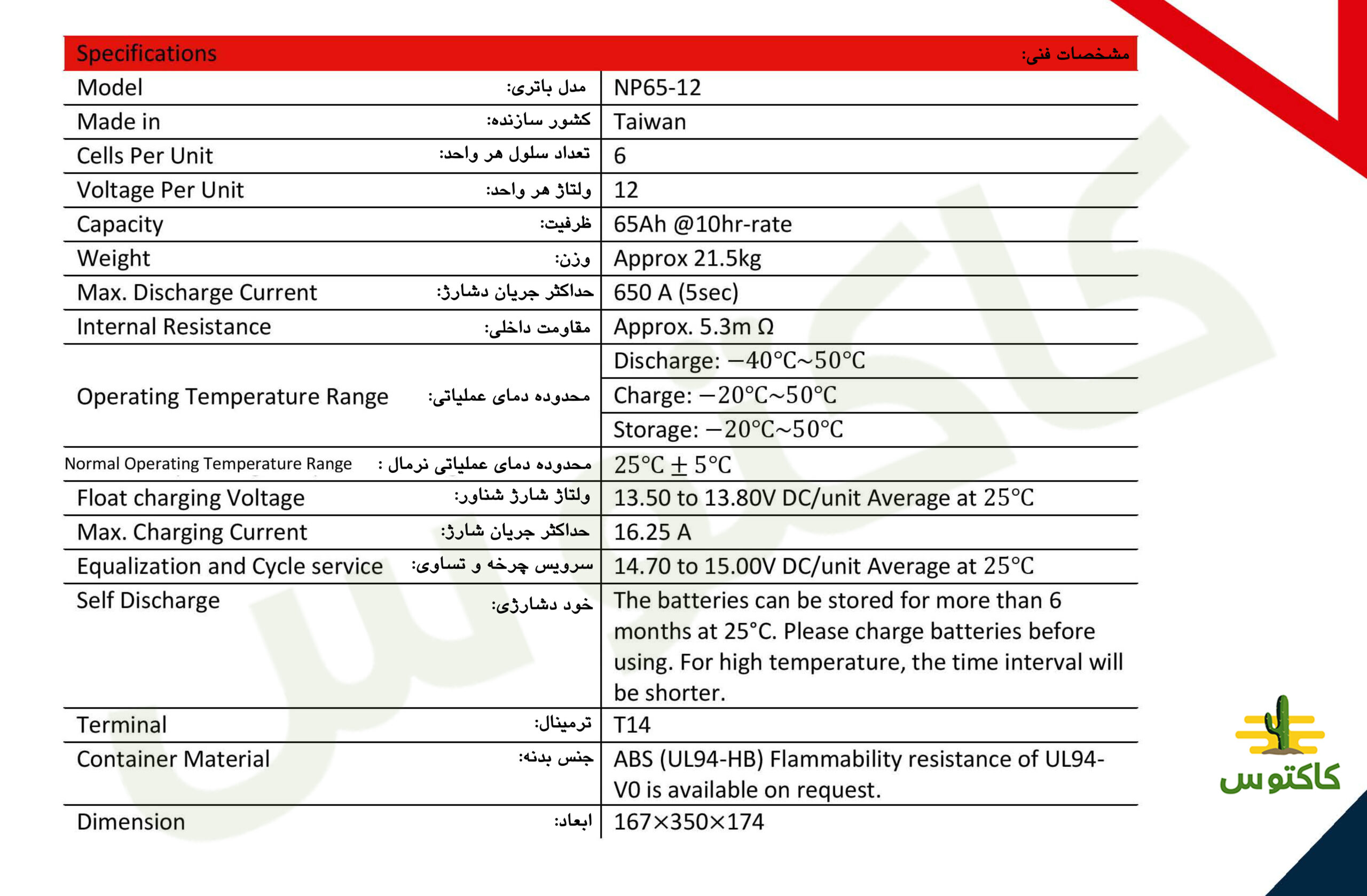 مشخصات فنی باتری یورونت 65